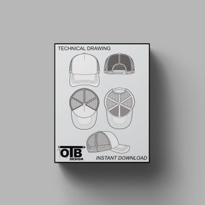 Trucker Hat Vector Snapback Technical Drawing Illustration Blank Streetwear Mock-up Tech Pack Template for Fashion Design CAD Strap Mesh