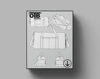Illustrazione vettoriale di un disegno tecnico piatto di una borsa da viaggio OTB, modello di schizzo vuoto classico, design Tech Pack Cad
