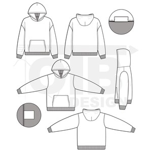 V2 Regular Fit Hoodie Sweatshirt Flach Vektor Technische Zeichnung Illustration Streetwear Mock-up Vorlage Tech Pack Mode CAD Bearbeitbar Bild 2