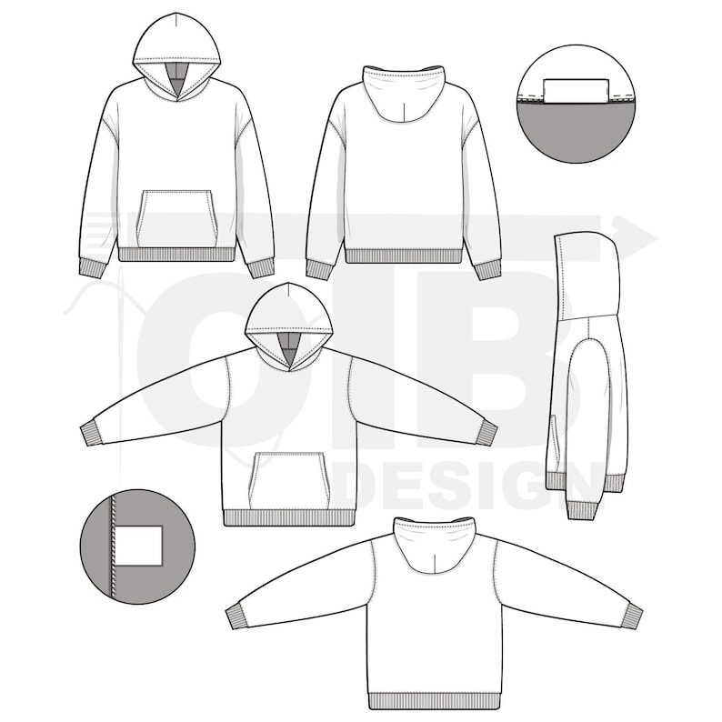 V2 Regular Fit Hoodie Sweatshirt Flach Vektor Technische Zeichnung Illustration Streetwear Mock-up Vorlage Tech Pack Mode CAD Bearbeitbar Bild 2