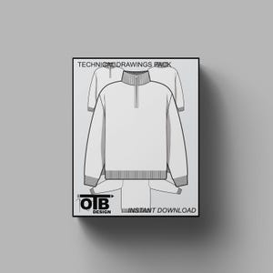 Viertel-Zip-Pullover Flache Vektor Technische Zeichnung Illustration Mock-up Vorlage für Design Tech Pack Mode CAD bearbeitbar Winter Bild 1