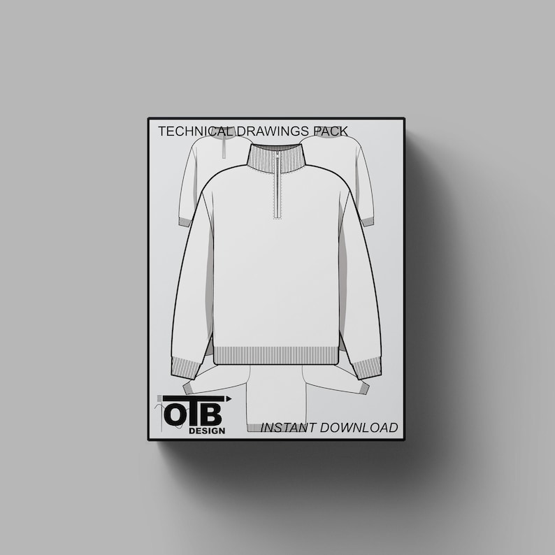 Viertel-Zip-Pullover Flache Vektor Technische Zeichnung Illustration Mock-up Vorlage für Design Tech Pack Mode CAD bearbeitbar Winter Bild 1