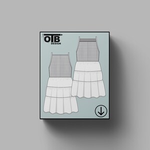Puede incluir: Ilustración de diseño de moda de dos vestidos sin mangas. Los vestidos tienen un corpiño acanalado y una falda escalonada. La imagen está enmarcada en negro e incluye el texto "OIB DESIGN" y una flecha hacia abajo.