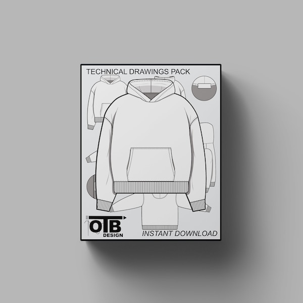 Oversized Hoodie Sweatshirt Flat Technical Drawing Illustration Mock-up template Design Tech Pack Unisex Fashion CAD Streetwear Editable