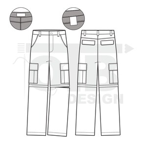 Pantalones cargo convertibles, ilustración vectorial, dibujo técnico plano, maqueta de ropa urbana en blanco, diseño de plantilla, paquete tecnológico CAD, ropa urbana holgada imagen 2