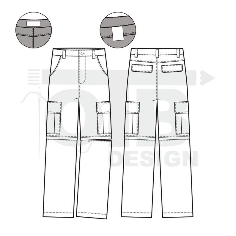 Pantalones cargo convertibles, ilustración vectorial, dibujo técnico plano, maqueta de ropa urbana en blanco, diseño de plantilla, paquete tecnológico CAD, ropa urbana holgada imagen 2
