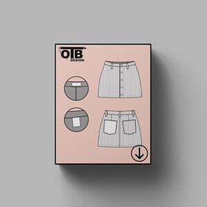 May include: A digital illustration of a skirt with a button closure and two pockets. The skirt is striped and has a light grey colour. The illustration is on a pink background with the text "OTB DESIGN" in black.