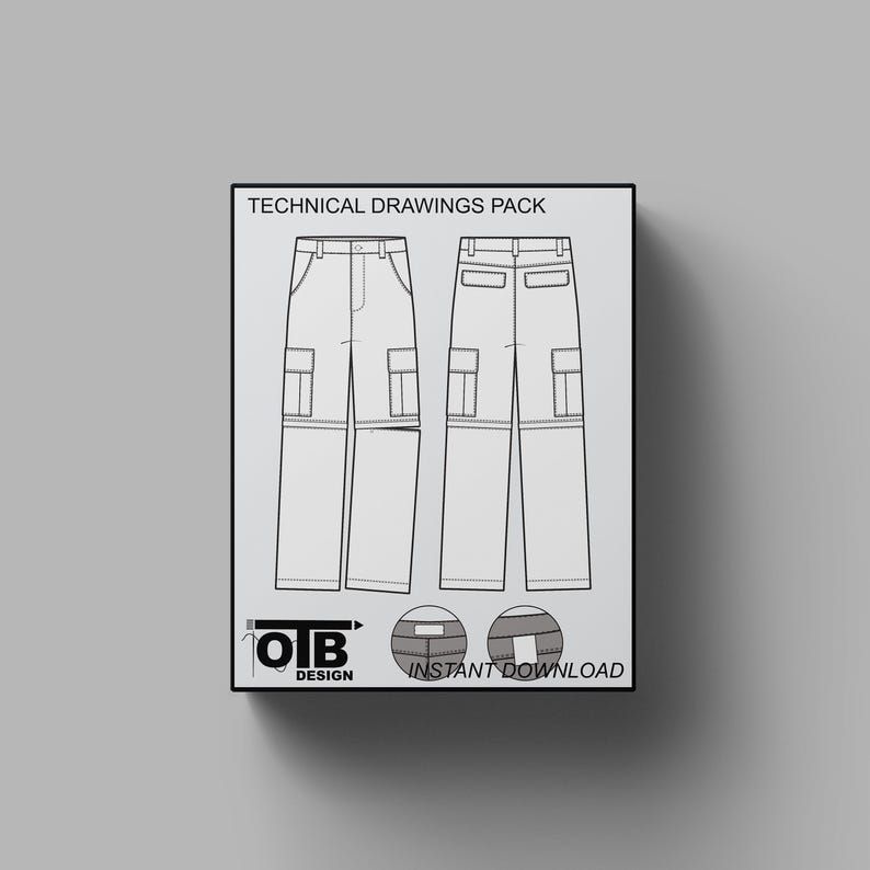 Pantalones cargo convertibles, ilustración vectorial, dibujo técnico plano, maqueta de ropa urbana en blanco, diseño de plantilla, paquete tecnológico CAD, ropa urbana holgada imagen 1