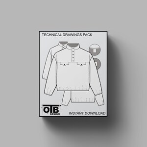 Op de afbeelding: Technisch tekenpakket voor een wit overhemd met lange mouwen, een knoopsluiting en twee zakken. De tekst "OTB DESIGN" en "INSTANT DOWNLOAD" staat op de afbeelding.