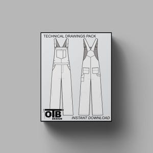Overall Denim Latz Flach Technische Zeichnung Illustration Fünf Taschen Klassisch Blank Streetwear Mock-up Vorlage für Design und Tech Packs CAD
