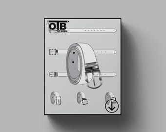 Cinturón de cuero clásico OTB con lazo metálico, dibujo técnico plano vectorial, boceto clásico en blanco, maqueta, plantilla de diseño, paquete técnico CAD