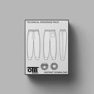 Pode incluir: Pacote de desenhos técnicos para calças de moletom com três vistas diferentes da peça. Os desenhos são em preto e branco e mostram as vistas frontal, traseira e lateral das calças de moletom. O texto "OTB DESIGN" e "INSTANT DOWNLOAD" está na parte inferior da imagem.