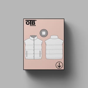 Peut inclure: Un motif de gilet bouffant blanc avec un col montant et une fermeture à boutons, présenté en vues avant et arrière. Le motif comprend deux poches avant. Le logo OIB Design est dans le coin supérieur gauche, avec un carré et une flèche.