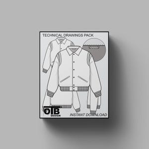 May include: A digital illustration of a white varsity jacket technical drawing. The jacket has a button-up front, pockets, and ribbed cuffs and hem. The text "TECHNICAL DRAWINGS PACK" and "INSTANT DOWNLOAD" are displayed.
