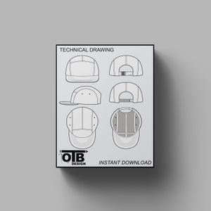 May include: Technical drawing of a five-panel cap, showing the front, back, side, and top views. The drawing is in black and white and includes details like the stitching and the strap.