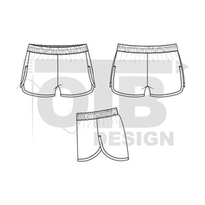 Ilustración de dibujo técnico plano vectorial de pantalones cortos para correr OTB, boceto clásico en blanco, plantilla de maqueta, diseño, paquete técnico CAD imagen 2