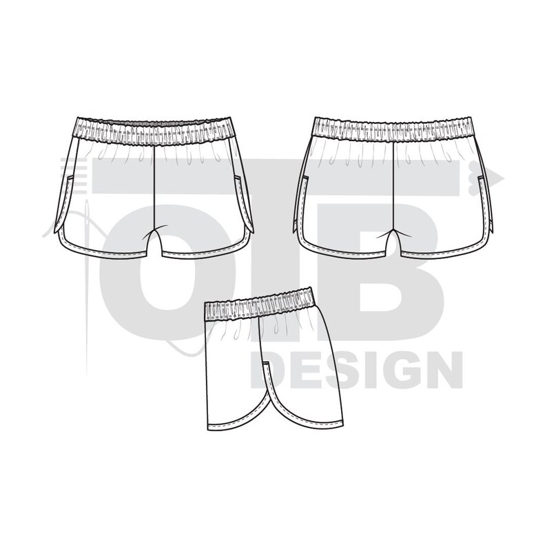 Ilustración de dibujo técnico plano vectorial de pantalones cortos para correr OTB, boceto clásico en blanco, plantilla de maqueta, diseño, paquete técnico CAD imagen 2