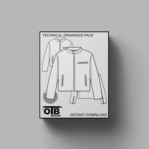 Puede incluir: Paquete de dibujos técnicos para una chaqueta con cierre de cremallera y bolsillos. La imagen incluye el texto "OTB DESIGN" y "INSTANT DOWNLOAD".