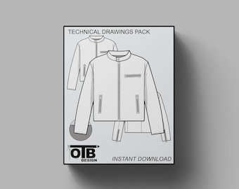 V2 Cafe Racer Motorcycle Jacket Vector Flat Technical Drawing Illustration Blank Mock-up Template Design Tech Pack CAD Biker