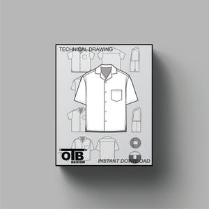 Camp Button Shirt Short Sleeve Vector Flat Technical Drawing Illustration Blank Mock-up Template Design Tech Pack CAD Sketch Collared