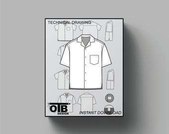 Camp Button Shirt Short Sleeve Vector Flat Technical Drawing Illustration Blank Mock-up Template Design Tech Pack CAD Sketch Collared