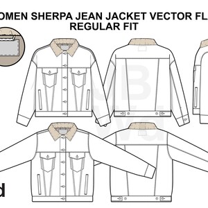 Sherpa-jeansjack dames plat regular-fit technische tekening illustratie mock-up sjabloonontwerp technische pakketten CAD technische schets