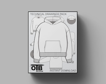 Oversized Hoodie Sweatshirt Flach Technische Zeichnung Illustration Mock-up Vorlage Design Tech Pack Unisex Mode CAD Streetwear Bearbeitbar