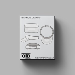 Puede incluir: Dibujo técnico de una gorra de visera con una visera curva, una parte superior plana y una correa. El dibujo muestra la gorra desde diferentes ángulos, incluyendo las vistas frontal, lateral y superior. El texto "TECHNICAL DRAWING" y "INSTANT DOWNLOAD" también se incluye en la imagen.