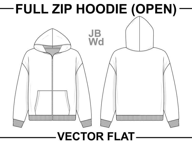 Open Full Zip Hoodie Sweatshirt Flat Technical Drawing Illustration ...