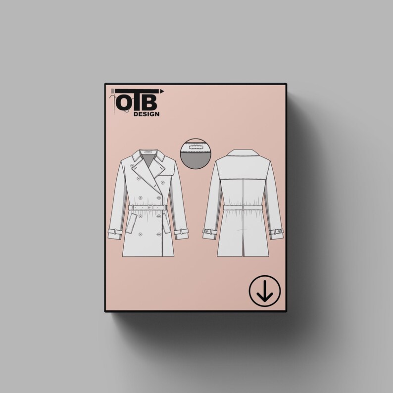 OTB Short Trench Coat With Belt Vector Flat Technical Drawing Illustration Classic Blank Sketch Mock-Up Template Design Tech Pack Cad image 1