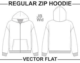 Klassischer Full-Zip Hoodie Sweatshirt Flach Technische Zeichnung Illustration leer Streetwear Mock-up-Vorlage für Design und Tech Packs CAD