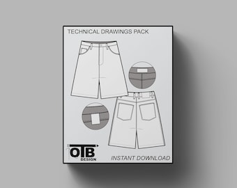 Jean Shorts Flat Technical Drawing Illustration Five Pocket Classic Blank Streetwear Mock-up Template for Design and Tech Packs CAD Denim
