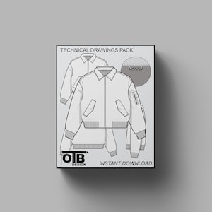 Cropped Collared Bomber Jacket Vector Flat Flight Technical Drawing Illustration Blank Mock-up Template Design Tech Pack CAD Sketch Military