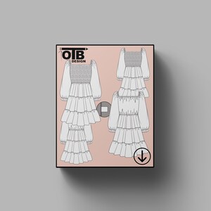 Puede incluir: Una ilustración digital de tres vestidos blancos con diferentes longitudes de manga y detalles de volantes. Los vestidos están superpuestos y tienen un escote cuadrado. La imagen está etiquetada como "OTB DESIGN" y tiene una flecha de descarga.