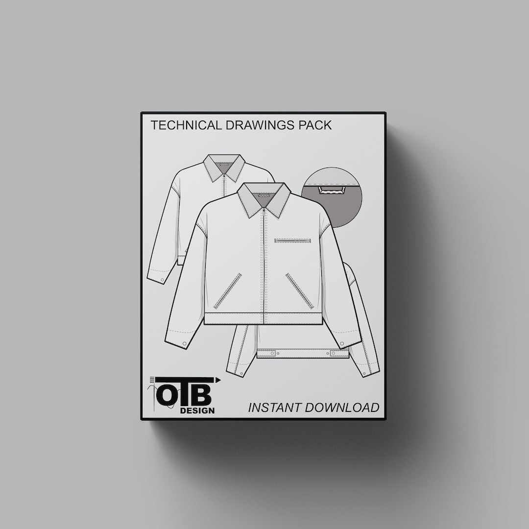 Work Jacket Layout V2 Cropped Collared Zip Work Jacket Flat Technical Drawing Illustration ...