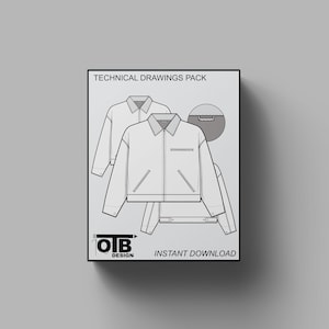 May include: Technical drawings pack for a white jacket with a zipper closure, two pockets, and a collar. The image includes the text "TECHNICAL DRAWINGS PACK" and "INSTANT DOWNLOAD".