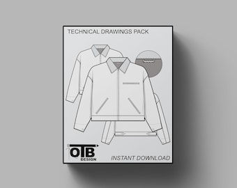 V2 Cropped Collared Zip Work Jacket Flat Technical Drawing Illustration Mock-up Template for Design Tech Pack Vector CAD Streetwear Editable