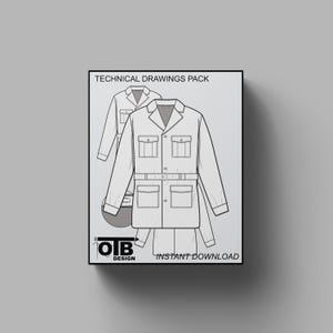 Könnte beinhalten: Technisches Zeichnungspaket für eine langärmelige Jacke mit Knopfleiste, vier Taschen und einem Gürtel. Die Zeichnung ist in Schwarzweiß und enthält Details wie Nähte und Steppnähte. Der Text "OTB DESIGN" und "INSTANT DOWNLOAD" befindet sich am unteren Rand des Bildes.