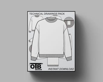 Bluza z okrągłym dekoltem Płaski Wektor Rysunek techniczny Uliczny szablon makiety Pakiet techniczny Edytowalny CAD Regularny krój Ilustracja Okrągły dekolt