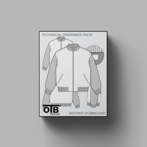 May include: A digital illustration of a bomber jacket technical drawing pack. The jacket is white with gray sleeves, a ribbed collar, cuffs, and hem. The image includes a front and back view of the jacket, along with a pocket detail. Text reads "TECHNICAL DRAWINGS PACK" and "INSTANT DOWNLOAD".