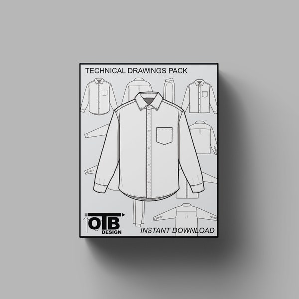 Oxford Collar Button Shirt Long Sleeve Vector Flat Technical Drawing Illustration Blank Streetwear Mock-up Template Design Tech Pack CAD