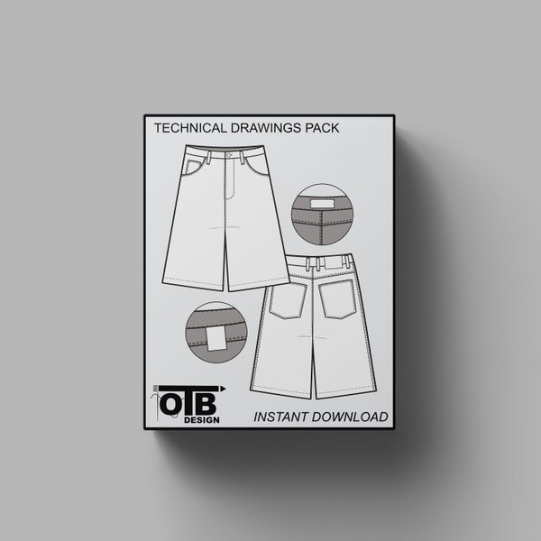 Baggy Jean Shorts Vector Flat Technical Drawing Illustration Five Pocket Classic Blank Streetwear Mock-up Template Tech Pack CAD Denim Loose