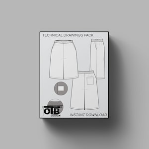 May include: Technical drawings pack for a skirt and pants. The drawings are black and white and show the front view of each garment. The text "Technical Drawings Pack" and "Instant Download" are at the top and bottom of the image.