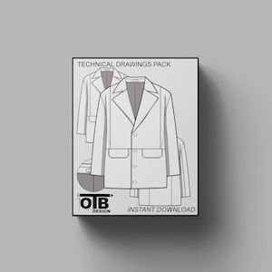 Chaqueta blazer retro de cuello ancho, chaqueta deportiva, dibujo técnico plano vectorial, ilustración, maqueta en blanco, plantilla de diseño, paquete técnico, boceto CAD