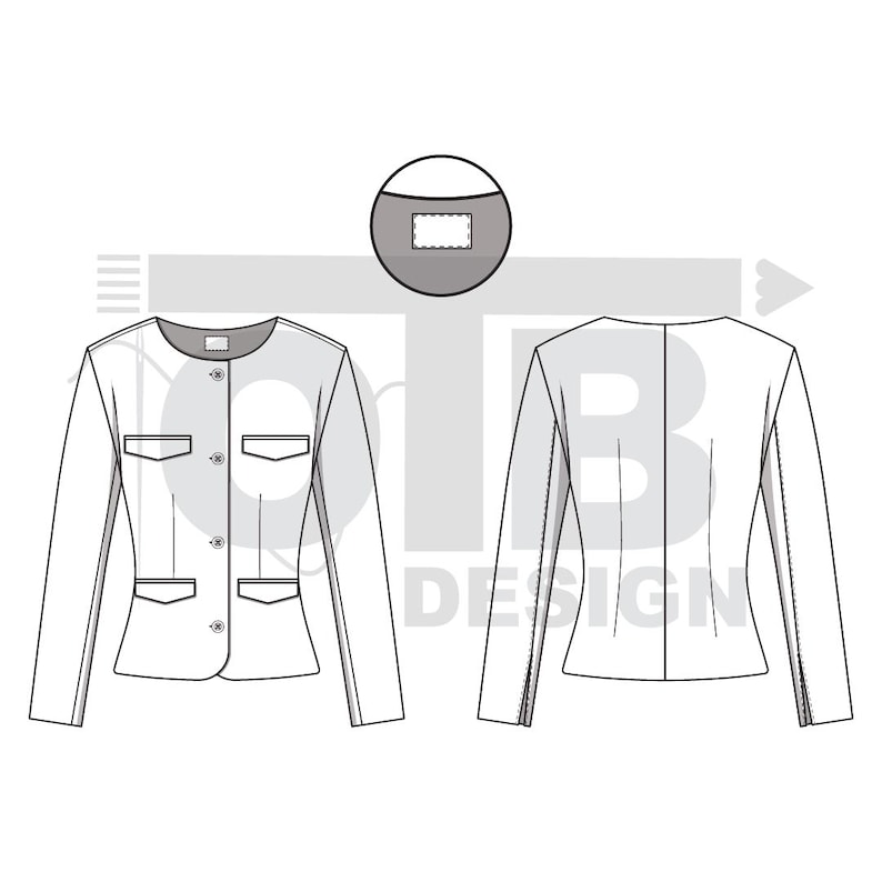 OTB Button Fitted Jacket Vector Flat Technical Drawing Illustration Classic Blank Sketch Mock-Up Template Design Tech Pack Cad image 2