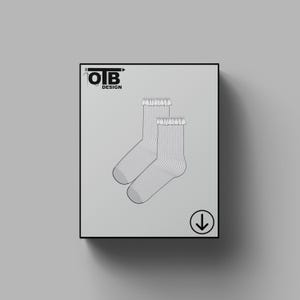 May include: A pair of light grey socks with vertical stripes and a frilled top. The socks are displayed on a light grey background inside a black frame. The OIB Design logo and a downward arrow are also visible.