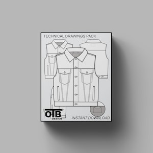 May include: Technical drawings pack for a denim vest. The pack includes three different views of the vest, including a front view, a back view, and a side view. The drawings are in black and white and show the details of the vest's construction.