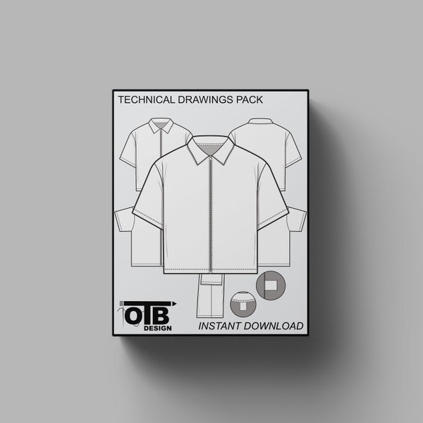 Full Zip Collared Shirt Vector Flat Technical Drawing Illustration Mock-up Template for Design Tech Pack Vector CAD Streetwear Editable