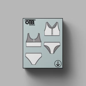 Conjunto de bikini sin mangas OTB, ilustración de dibujo técnico plano vectorial, boceto clásico en blanco, plantilla de maqueta, diseño, paquete técnico CAD