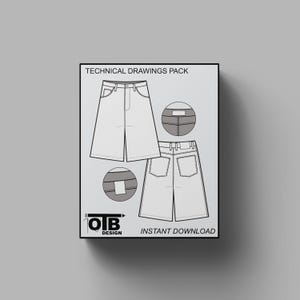 Pantalones cortos vaqueros holgados, ilustración vectorial, dibujo técnico plano, cinco bolsillos, clásico, en blanco, plantilla de maqueta de ropa urbana, paquete tecnológico CAD, mezclilla suelta